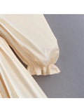 2022 Fashion Women Retro Beige Cotton Ball Gown Dress Elegant Ladies Puff Sleeve Party Mini Dresses Fairy Short