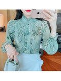 Floral Printed Blouse Women 2023 Fashion Long Sleeve Ruffle Stitching Shirts Stand Collar Vintage Flower Blouse Top