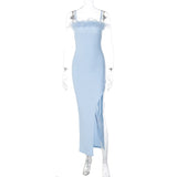 Sexy Spaghetti Strap Feathers Strapless Midi Dress For Women Robe Elegant Sleeveless Backless High Split Long