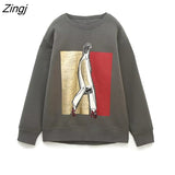 Women Fashion Front Color Matching Bright Girls Print Fleece Sweatshirts Female Leisure Hoodies Chic Pullovers Tops