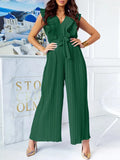 Women Solid Pencil Pants Slim Playsuit Elegant Waist Lace-up Belt Jumper Summer V Neck Ruffles Layered Ladies Office