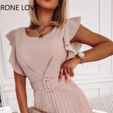 Women Casual Solid Round Neck Short Flying Sleeves Folds Midi Working