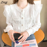 Pearl Blouse Women Spring Summer Elegant Design Ruffles Lace Shirt Female Korean Style Sweet O-Neck Long Puff Sleeve