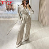 Elegant Khaki Satin 2 Piece Sets Womens Outfits Autumn Casual Long Sleeve Lace-up Robes With High Waist Wide Trousers