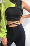 Streetwear Neon Halter Sweatshirt Hoodie Buckle Reflective Smock One Shoulder Women's Sweatshirts Holographic