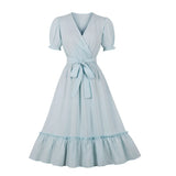 Women Solid Summer Dress Ruffle Hem Retro Ligh Blue Vintage Party Gowns 2022 Robe Femme Pin Up Rockabilly Swing