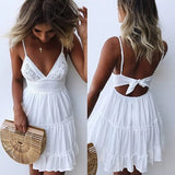 Lace V-neck Strap Stitching Other Women's Dress Backless Bow Flounced