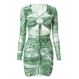 Women Sexy Autumn Long Sleeve Printed Mesh See Through Bodycon Party Green Mini Dress 2021 Fall Clothes Wholesale