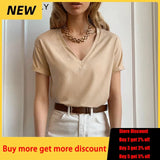 2022 Summer Casual Solid V-Neck T-shirt Women Knitted Cotton Basic Short Sleeve Tops Female Soft White Tee Shirt