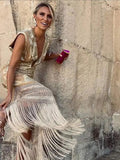 V Neck Printed Patchwork Tassels Maxi Dresses Women Elegant Sleeveless Slim Robes 2025 Fashion Lady Vacation Party Vestidos 211-1-Outfit
