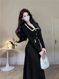 Winter Vintage Knitted Midi Dresses for Women 2023 Elegant Fashion Turn Down Collar Long Sleeves Sweater Female