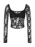 Women T-shirts Long Sleeve V-neck See-through Lace Tops Slim Mesh Sheer See Through Cropped Tees Summer Clubwear
