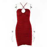 Halter Backless Ruched Mini Dress Women's Summer Sleeveless Bodycon Dresses Women Beach Party Clubwear Dress