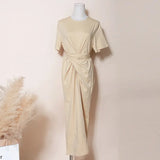 2021 summer midi dress short sleeve knot t-shirt dress solid color korean womens