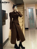 Autumn Winter Extra Long Black Elegant Luxury Fitted Woolen Coat Women Puff Sleeve Blet Luxury Designer Clothes