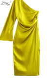 Asymmetrical Long Dress Women Yellow Satin Dress Woman One Shoulder Elegant Party Dresses 2023 Ruched Midi Summer