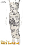 Scenery Print Halter Slit Bandage Draped Bodice Crop Top Dress 2 Pieces Set 2023 Summer Outfits Streetwear Party