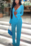 Women 3 Piece Set Long Sleeve Tops Sexy Club Lace Up Bra Wide Leg Pants Fashion Office Lady Work Suit Uniforms