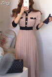 Korean Elegant Knitted Dresses Women Slim A-line High Waist Pleated Dress Female 2023 Gentle Lady Long Sweater Base