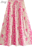 Print Long Skirts For Women Fashion 2023 Pink Floral Skirt Woman Fashion High Waist Midi Skirt Sets Pleated Summer