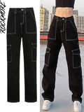 Brown Vintage Baggy Jeans Women 90s Streetwear Pockets Wide Leg Cargo Pants Low Waist Straight Denim
