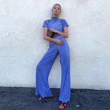 Zingj 2023 Summer New Thin T-Shirt High Waist Blue Pleated Floor Pants Casual Women's Fashion Suit-Outfit