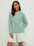 Women Stripe O Neck Long Sleeve T-shirt 2022 Autumn Office Ladies Loose 100% Cotton Tees Harajuku Oversized