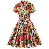 Summer Cotton Vintage Midi Party Dress Short Sleeve 4XL Robe Femme Swing 1950s Retro Floral Print Green Rockabilly
