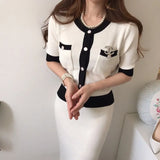 Korean Elegant Knitted 2 Pieces Sets Hit Color Single Breasted Short Sleeve O-neck Tops + High Waist Long