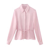 Spring Style Silk Satin Shirt With Trimmed Waist