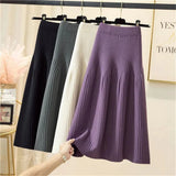 Color Simple Knitted Skirt Women'S Stretch High Waist Sweater Long Pleated Skirts 2021 Korean Wild Autumn Winter