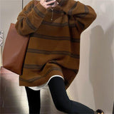 Zingj Color Stripe Retro Matching Color Sweater Women's New Lazy Wind Sweater Loose And Versatile Medium Long Pullover Sweater-Outfit