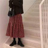 Corduroy High Waist Floral Print Maxi Skirt-Outfit