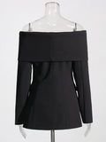 Retro Wind Autumn 2025 New One-Word Collar Long Sleeve Closed Waist Solid Color Medium Long Buckle Small Suit Jacket