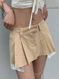 Khaki Low Waist Casual Micro Skirt Y2K Aesthetic Preppy Style Pleated Skirts Womens Vintage Patchwork Korean Skirt