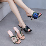 Cm Square Head High Heel Sandals Slippers Wine Glasses And Temperament Embroidered Flowers Women's Shoes White Fish Mouth Light