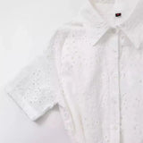 New Fashion Lapel Short Sleeve Pure White Embroidered Shirt Dress Women