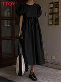 Casual Loose Black Women'S Dress Summer O-Neck Short Sleeve Office Midi Dresses Elegant High Waist A-Line Female