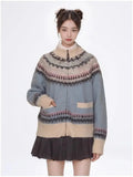 Blue Printed Stand Collar Knitted Cardigan- Outfit