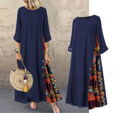 Vintage Maxi Dress Summer Solid O Neck Stitching Printed 3/4 Sleeve Side Buttons Dresses Loose Casual Long Dress Plus