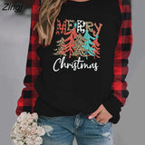 Christmas Tree Print Women T Shirt Contrast Buffalo Black and White Stitching Plaid Long Sleeves Tee Shirt