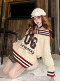Brown V-neck Letter Print Oversize Sweater- Outfit