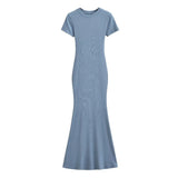 Zingj Trendy Women's Dress Sexy High Waist Hip Fishtail Skirt Temperament Solid Color Short-Sleeved Round-Neck Dress Long