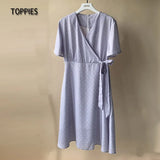 Summer Short Sleeve Shirts Dress Polka Dot Printing Dress Woman v-neck Lace Up Belt vestido
