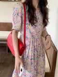 Kitty Prairie Style Printed Sweet Summer Dress Gentle Women Florals High Waist Office Wear Short Sleeves Chic Prom