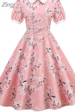 Women Vintage Dress Floral Print Peter pan Collar Elegant Party Dress Puff Short Sleeve Pin Up 50s Party Sundress