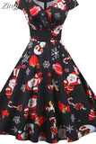 Print Vintage Christmas Dress Women Winter Big Swing Elegant Short Sleeve V Neck Sexy New Year Party
