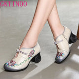 Women Embroidery Pumps Grey Lady 6CM High Heels Shoes Handmade Women Genuine Leather Pumps Autumn