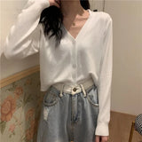 Zingj With Long-Sleeved Sweater Female 2024 New Korean Version Gentle Wind Short White Cardigan V-Neck Jacket-Outfit