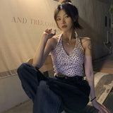 Women Sweet Chic Floral V-neck Sexy Leisure Fashion Skinny Crop Tops Girls Halterneck Backless Harajuku Hot Ins